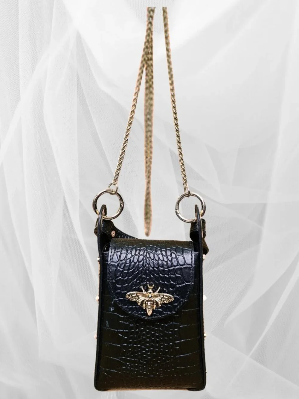 Persaman New York Black Croc Embossed Bee Phone Crossbody Bag